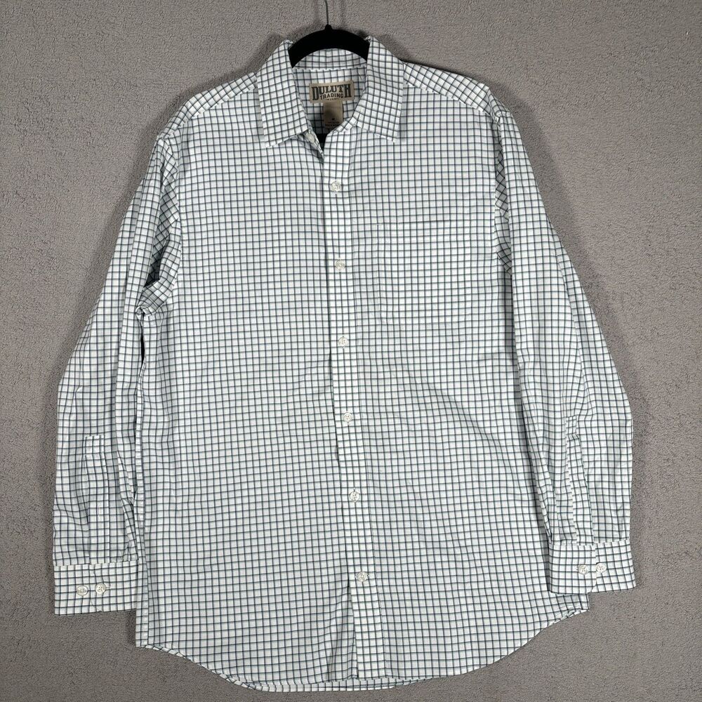 Duluth Trading Co Button Up Shirt Men Sz M White Check Plaid Gingham Blue Green